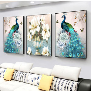 Decorazione da Parete per Soggiorno, Set di 3 Pezzi, Cornice in Cristallo e Porcellana, Dipinto in Vetro Artistico con <span class=keywords><strong>Pavone</strong></span> - Product Image 5