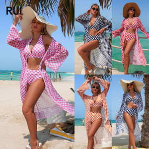 Conjunto de Bikini de 3 Piezas a Cuadros para Mujer Talla Grande RUIQUWIN, Cintura Alta, Transpirable, Manga Larga, Malla Frontal con Logotipo, Protección Solar, Ropa de Playa - Product Image 1