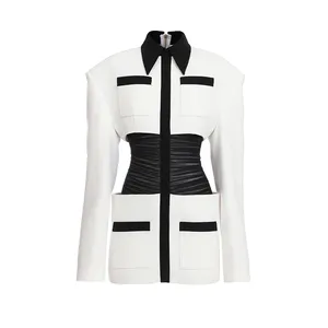 women Two-Tone Ruched Crepe Jacket Cut for a slim fit blazer long sleeve straight hem coat evening party top shirt wedding