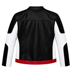 Premium Unisex PU Leather Moto <b>Jacket</b> Black White Red Color Block <b>Quilted</b> Shoulder Zipper Pockets Custom Fashion Outerwear - Product Image 5