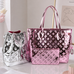 Custom OEM ODM Fashion Women's Handbags Metallic PU Leather Tote Bag and Bucket Bag Purse Set Applicable to Daily Life - Product Image 1
