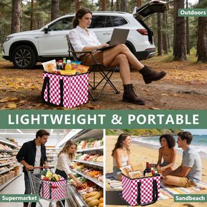 Custom Printed Pink Plaid Picnic Travel Storage Box Shopping Tote <b>Bag</b> Heavy Duty <b>Reusable</b> Grocery <b>Bag</b> with Durable Handles - Product Image 6