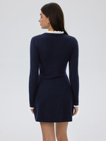 Robe Mini en Tricot Bleu Marine Style Preppy Français Joydressing à Manches Longues avec Col à Volants Contrastant Coupe Évasée pour le Bureau Femme