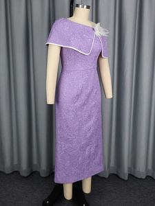 AM050853 Elegante Abito Dritto in Jacquard con Fiori Viola e Maniche a Cappuccio per Cerimonie Serali - Product Image 5