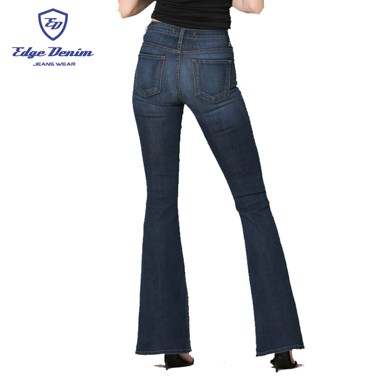 Conceptions adaptées aux besoins du client Taille Haute Bleu Foncé Denim Flare Jambes Larges Pantalon Lâche Pour Les Femmes