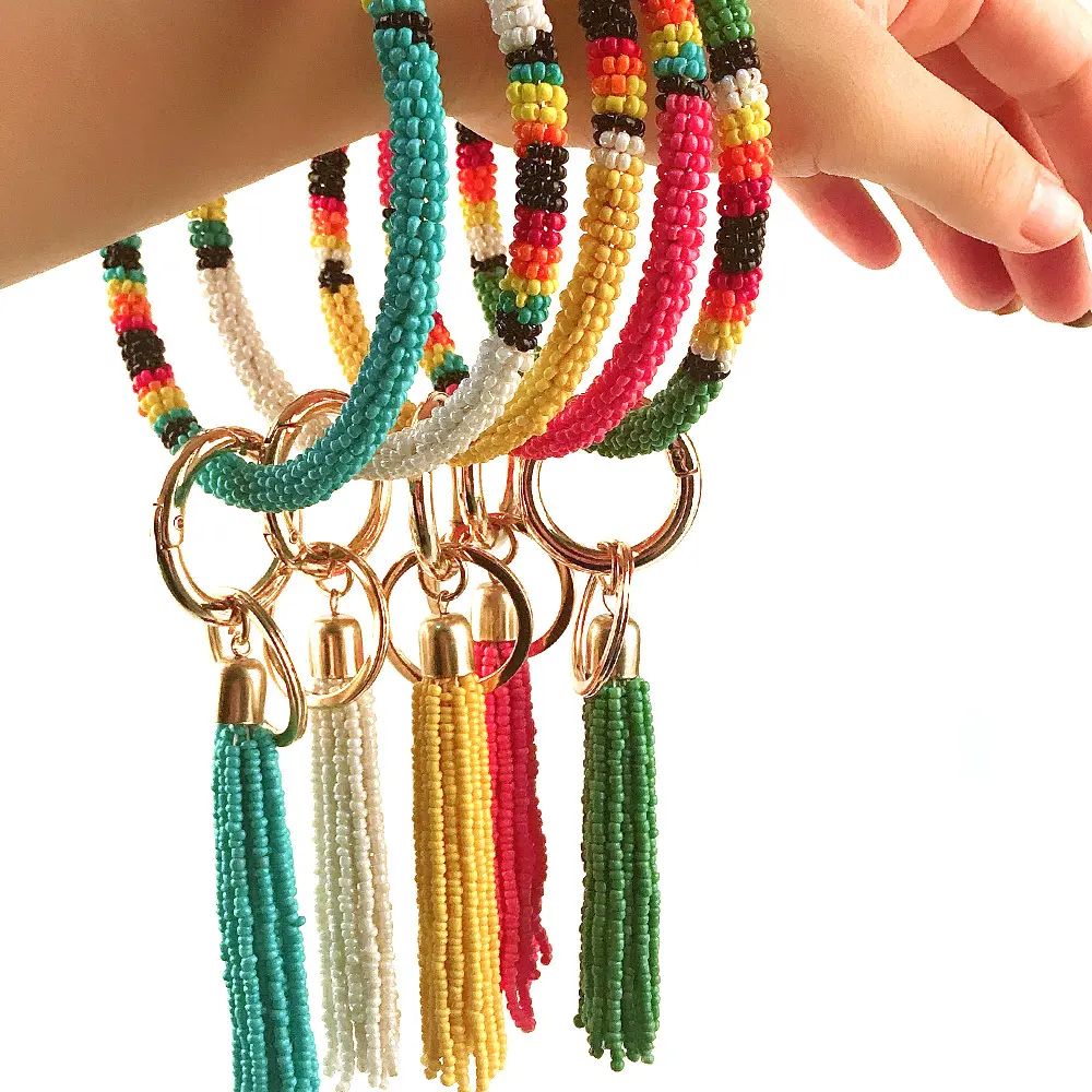 Boho Key Ring Kralen Sleutelhanger Polsband Met Kwast Sleutelhanger Voor Vrouwen Hand Kralen Gierst Parel Armband Sleutelhanger