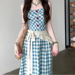 เสื้อสายเดี่ยวลายสก๊อตสไตล์ฝรั่งเศสพร้อมกระโปรงเข้าชุด ชุดลำลองผ้าออกซ์ฟอร์ดระบายอากาศได้ดีสำหรับผู้หญิง ชุดสองชิ้น - Product Image 1