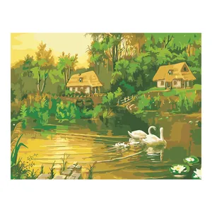 اللوحة الزيتية للشجرة الخضراء من القش والبط السباحة في البركة ذاتية الصنع لوحة زخرفية على القماش