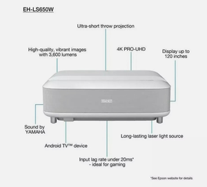 LS650 Ultra Short Throw LCD Smart Laser <b>Projector</b> 4K PRO-UHD HDR 3600 Lumens up to 120 Inches LS650 EpiqVision Ultra LS650 Ultra - Product Image 4