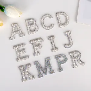 New A-Z Pearl Rhinestone English Letter Patches Iron On Stickers Applique 3D Handmade Beaded Diy Letter Design Pearl Rhinestones