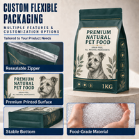 Sachet personnalisé imprimé de qualité alimentaire, résistant à l'humidité, pour aliments pour animaux de compagnie, avec fond plat, fermeture éclair, encoche de déchirement et soufflet latéral pour aliments secs
