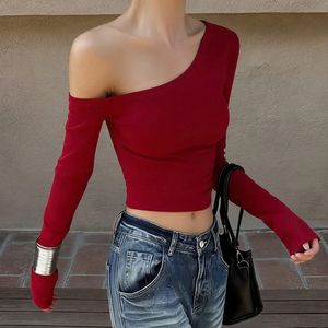 Camiseta de Mujer con Hombros Descubiertos, Color Sólido, Manga Larga, Corte Holgado, Sexy, Blusa Informal de Verano para Club, Personalizable OEM - Product Image 1