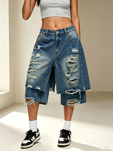 <strong>Women</strong> High Waist Multi Ripped Distressed <strong>Denim</strong> Jorts, Dark Blue Wash Frayed Raw Hem Oversized Baggy Knee Length <strong>Bermuda</strong> <strong>Shorts</strong> - Product Image 2