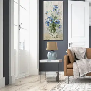 Arte originale di vendita calda stile moderno bella pittura a olio di tela di fiori blu margherita dipinta a mano per la decorazione della parete di casa