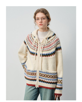VEGA CHANG Nouveau cardigan en tricot pour femmes d'hiver, pull à capuche Fair Isle, veste rétro à fermeture éclair avec motifs colorés et poches latérales
