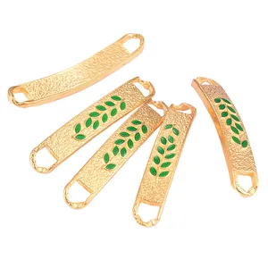 2024 newest 18k gold plated non tarnished stainless steel 41mm long enamel leaf pattern grain double holes curved bar connector