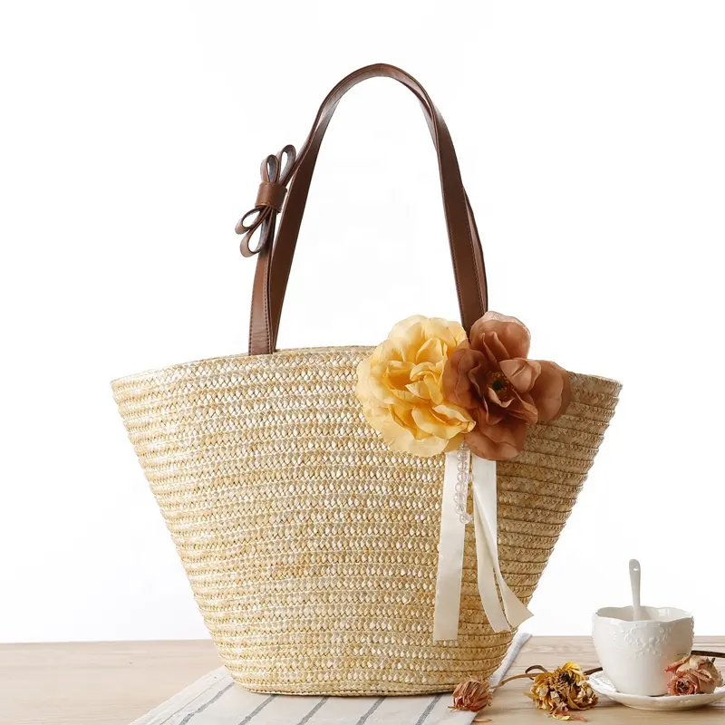 Bolsa de mão tecido de ombro, sacola de praia sólida com estampa de flores, tecido a mão, novo estilo, 2020