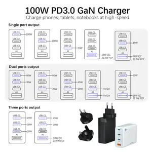 Universal 3 In 1 Multi 9V 12V Wall 65W 100W Type C Gan Battery For Iphone Samsung Portable Fast Mobile Phone Chargers