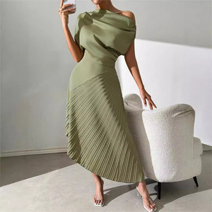 Robe longue plissée décontractée à manches courtes pour femme, en satin couleur unie, coupe ajustée et asymétrique, idéale pour les soirées et clubs – Collection Printemps-<span class=keywords><strong>Été</strong></span> - Product Image 1