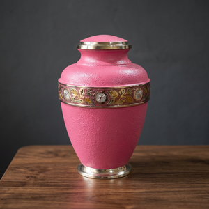 Urna Funeraria de Metal Rosa, Florero Decorativo para Cenizas, con Banda Floral, para Mesa, Suministros Funerarios - Artesanía India - Product Image 3