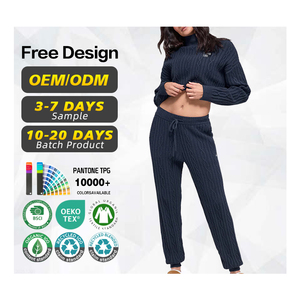 BSCI Certification <b>Sweater</b> Manufacturer Custom Design logo <b>Women</b> Polyester Nylon Casual <b>Cable</b> <b>Knitted</b> 2 Pieces Pants Set <b>Sweater</b> - Product Image 1