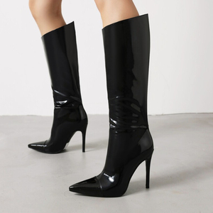 Bottes mi-mollet en cuir noir brillant pour femme, style décontracté, sexy et luxueux, pour l'automne et l'hiver - Product Image 1