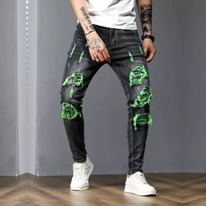 Supplier of International Brands--Customized Ripped Spliced Green Letter Washed Straight Casual Tapered Pantalones Denim Jean - Product Image 5