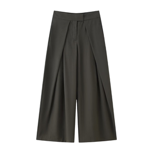 Pantalon Culotte Plissé Taille Haute Femme Coupe Droite Longueur Entière Couleur Unie Style Minimaliste Polyester Vintage Printemps Fermeture Éclair - Product Image 4