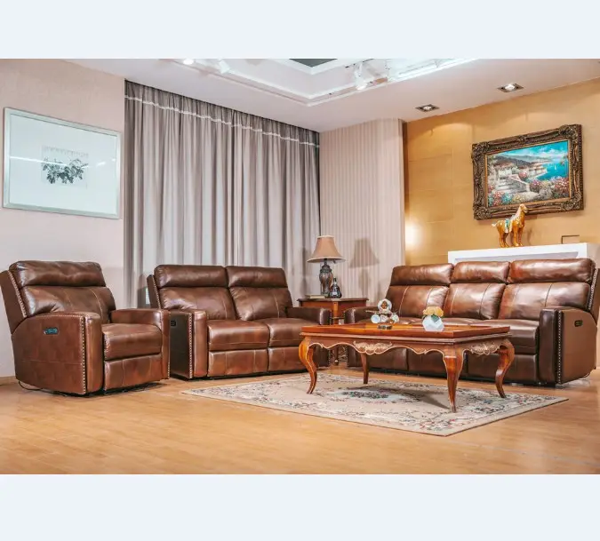 Diseño de lujo de cuero genuino marrón sala de estar muebles para el hogar sofá reclinable eléctrico