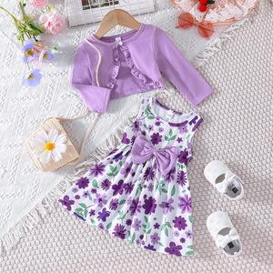 Setelan Gaun Bayi Perempuan Musim Semi dan Gugur Baru Warna Solid Lengan Panjang + Motif Bunga 2 Potong - Product Image 3