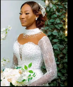 Robe de mariée africaine sirène Manches longues Train détachable Tissu polyester Col haut Grande taille Applique Robes de mariée - Product Image 3