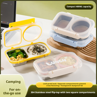 Boîte à bento réutilisable tendance en acier inoxydable 304 avec couvercle rabattable, 2 compartiments, 400 ml, pour le stockage de collations au réfrigérateur domestique