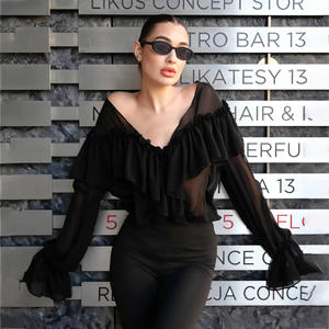 Camisa de Gasa para Oficina con Volantes, Mangas Raglán, Corte Regular, Cuello en V, Ropa de Uso Diario para Mujer - Product Image 2