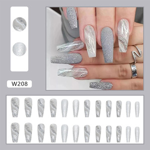 Ongles à presser de luxe longs et brillants effet marbre gris et blanc, 24 pièces, avec colle - Product Image 2