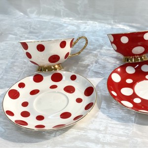 Taza y Platillo de Cerámica de 220 ml, Estilo Europeo Moderno Retro, Diseño Estético con Puntos Rojos y Blancos, para Café, Leche, Té de Flores, <span class=keywords><strong>Vajilla</strong></span> - Product Image 3