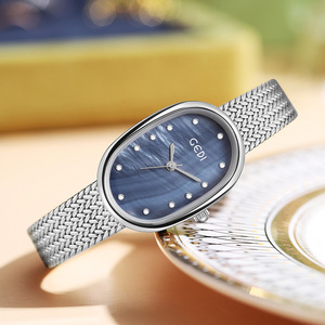 Reloj de pulsera de cuarzo con esfera azul ovalada y correa de malla plateada para mujer, informal, para uso diario - Product Image 3