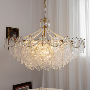 Lampe en cristal tout en cuivre de style français rétro palatial de luxe postmoderne en verre crème pour salon salle à manger lustre lampes suspendues - Product Image 2