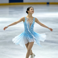 Robe de patinage artistique 3D à motif floral dégradé bleu clair et blanc, sans manches, dos ouvert en maille, costume de danse sur glace pour adultes et enfants