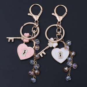 Fashion Heart Lock Key Keychain Enamel Pendant Rhinestone Crystal Gold Plated <b>Glass</b> Bead Bag <b>Charm</b> Gift Wholesale - Product Image 4