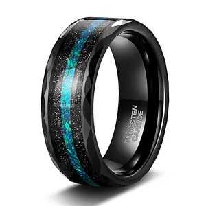 Somen 8mm Herren facetten reiche Kante mit schwarzem Sand und grün-blauem Opal Inlay Wolfram karbid Trau ringe Modeschmuck