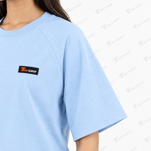 T-shirt décontracté bleu clair pour femme, col rond, manches courtes, coupe ample, 100 % coton jersey respirant, couleur unie - Product Image 6