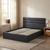 Cadre de lit King/Queen avec système de levage hydraulique, revêtement en cuir noir, lit convertible réglable avec sommier, structure en métal