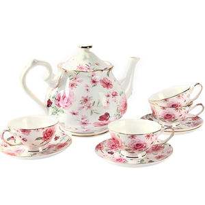 Set da tè in porcellana fine con motivo floreale a rose per 4 persone, ideale per il tè pomeridiano in giardino. - Product Image 2