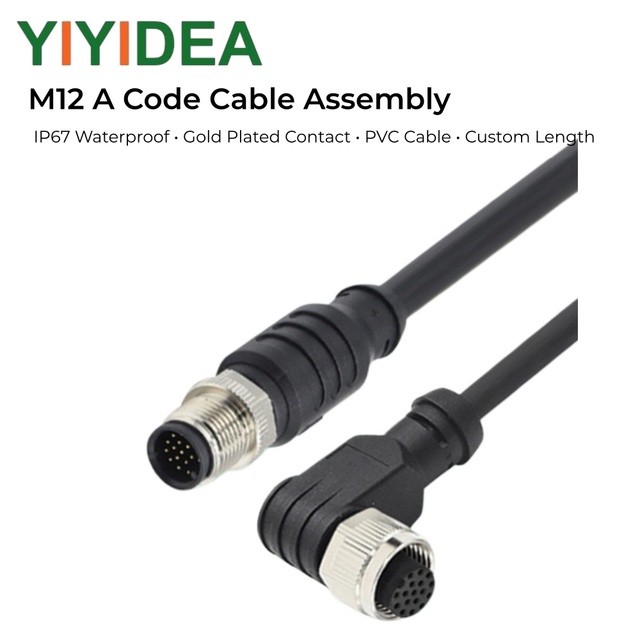 M12 a Code Circular Connector Cable Assembly IP67 Waterproof Gold Plated Contacts Overmolded Sensor Cable Male Female