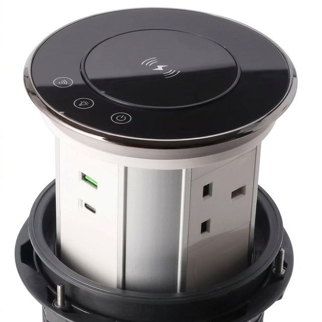 Waterproof Wireless Fast Charging Motorized Muti Outlets pop up Power Strip Tower USB-C Lift Socket for Kitchen Island Tabletop