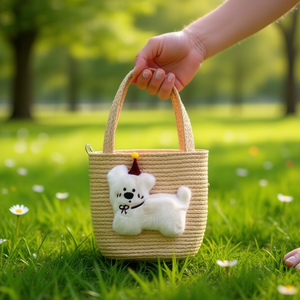 Borsa di paglia con cappuccio a forma di cane 12x14 cm per bambini con grazioso design a forma di cane - Product Image 2