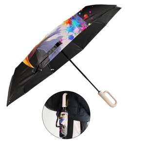 High Quality Modern D Shape Handle Fully-<b>Automatic</b> 3-Fold Travel <b>Umbrella</b> Pongee Glass Fiber Ribs Auto Open Close UV Resistant - Product Image 1