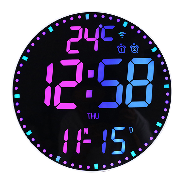 Wholesale Smart Wifi Wall Mount Alarm Clock RGB Led Round Digital Home Decor Luxury Temperature Calendar Week Wall Watch Clock
