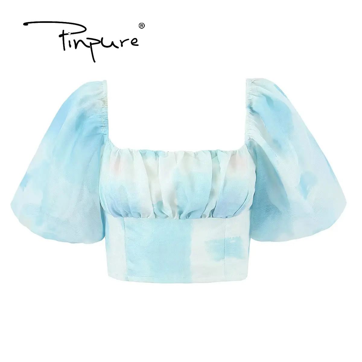 R30134S 2023 Sexy Ruched Corset Sky Blue Tie-dye Gradual Shirt Elastic Back Folds Square Collar Short Puff Sleeve Blouse Tops