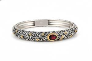 Natural <b>Garnet</b> 925 Silver Bangle with Oxidized Finish Fix Size Tanya Gems and Jewellery Model TG40079BR Trendy Gift for Women - Product Image 2